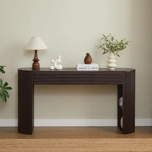 Vista 19 de Mesa consola moderna con diseño acanalado vertical, mesa de entrada de almacenamiento compacta con cajón funcional para sala de estar Negro-ww33
