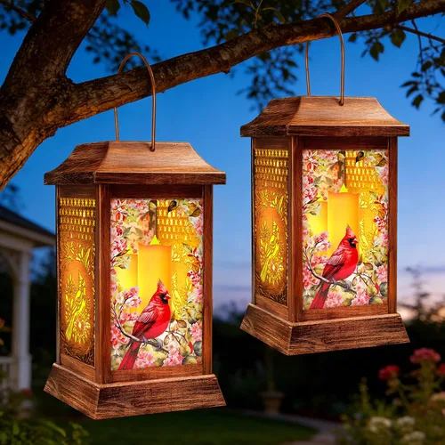 Vista 12 de Linternas solares de mariposa al aire libre impermeables, luces colgantes de metal y vidrio para decoración de jardín, regalos de cumpleaños