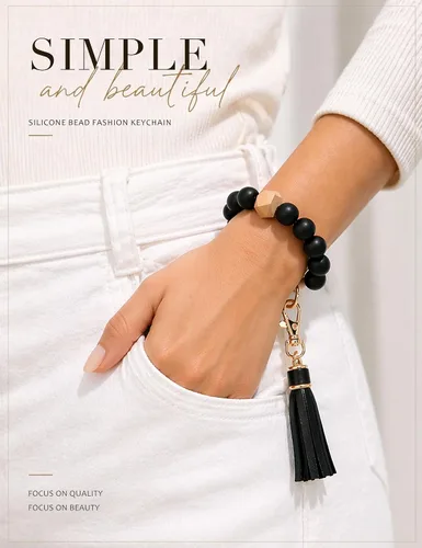 Vista 5 de BAOSIWA Pulsera de cuentas de silicona, llavero de pulsera, cadena para mujer, con borla de cuero Negro