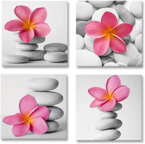 Vista 6 de Genius Decor - Arte moderno para pared de baño, diseño de flores zen azules y grises, piedra de guijarro, aguamarina, arte en lienzo para decoración