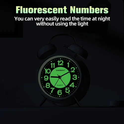 Vista 6 de CHEREEKI - Reloj despertador potente para personas que duermen profundamente, reloj analógico silencioso sin marcas con luz de fondo, esfera