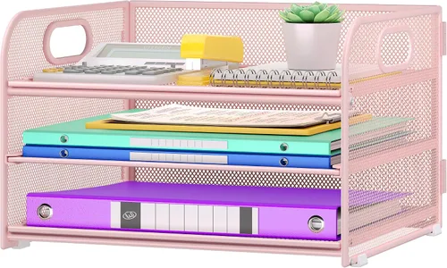 Vista 7 de Cawukege Organizador de papel de 3 niveles con asa, organizador de escritorio de metal, bandeja de cartas de papel de malla, carpeta de archivos