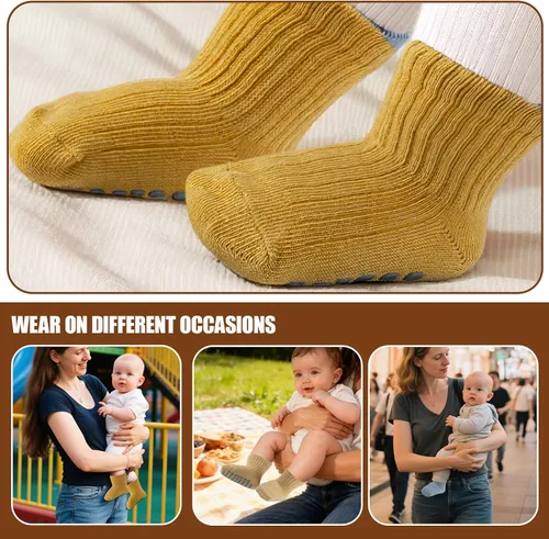 Vista 7 de 8 pares de calcetines de algodón antideslizantes para niños y niñas, recién nacidos, calcetines de algodón con agarres 0-3T