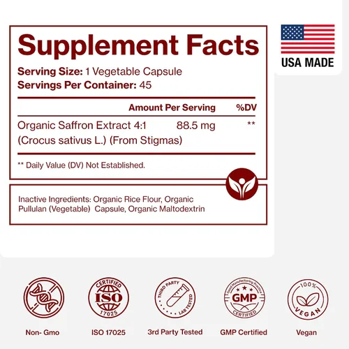 Vista 9 de USDA - Cápsulas orgánicas de extracto de azafrán de espectro completo 88.5 mg 4:1 estigma entero Crocus Sativus Soporte antioxidante 1 cápsula