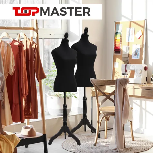 Vista 7 de Topmaster Maniquí: altura ajustable, estructura duradera de espuma y lona, base de madera, ancho de hombro compacto, ligero, versátil para ropa