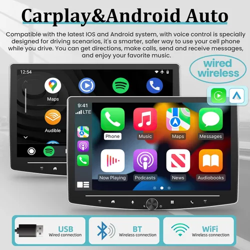 Vista 2 de [2+64G] Estéreo de coche con pantalla táctil de un solo DIN con Apple Carplay inalámbrico y Android Auto - Radio de pantalla táctil Android de 10