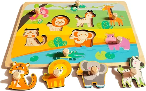 Vista 10 de Rompecabezas de madera para niños pequeños – 4 piezas de patrones de animales ecológicos con asas – Aprendizaje de habilidades motoras finas