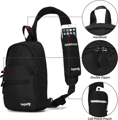 Vista 4 de Suyzufly Bolso bandolera pequeño para hombres y mujeres, resistente al agua, con una correa, bolso cruzado en el pecho para senderismo y viajes