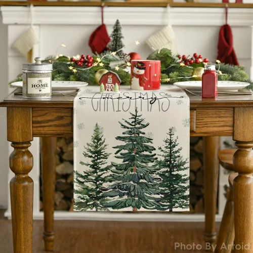 Vista 7 de Artoid Mode - Camino de mesa beige con diseño de árbol de pino y copos de nieve, «Feliz Navidad», decoración de mesa de comedor para fiestas