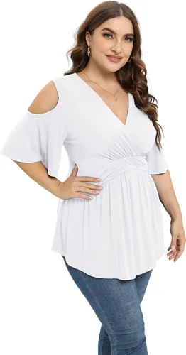Vista 4 de TIANZHU Camisetas de talla grande para mujer, sexy, con cintura imperio, camisas de manga corta con detalle de hombros descubiertos