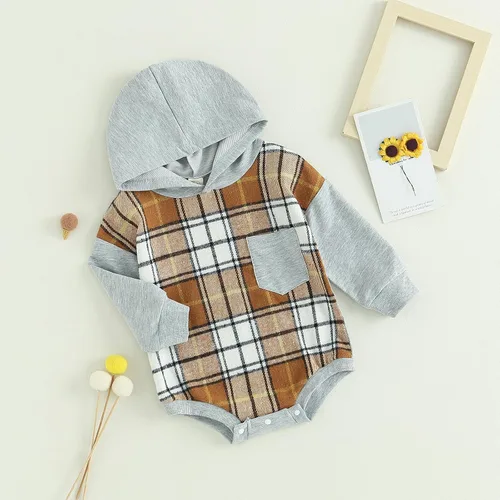 Vista 2 de Socutebabe Ropa de otoño para bebé niño, manga larga, sudadera con capucha de tablero de ajedrez, sudadera con capucha para mamá