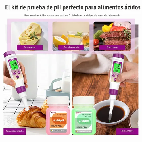 Vista 3 de Medidor de pH Digital Electrónico para Alimentos Probador de pH para Fermentación Kits de Solución de Calibración de Tampón de pH de 3*50ml Sonda