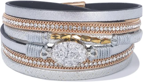 Vista 31 de FANCY SHINY - Pulsera de cuero estilo bohemio, pulsera de cuentas de cristal con cierre magnético, regalos de joyería para mujer