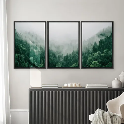 Vista 597 de SIGNWIN Lienzo enmarcado para pared, juego de arte pastel con cadena montañosa, bosque, niebla, naturaleza silvestre, ilustraciones modernas, arte