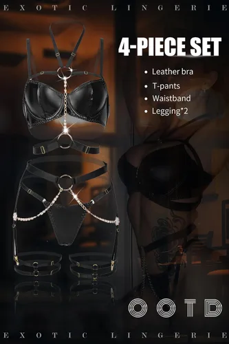 Vista 6 de ADSEXY Conjunto de lencería sexy de cuero con tiras de 5 piezas con aros y brasier push up, liguero, cadena, club nocturno, fiesta