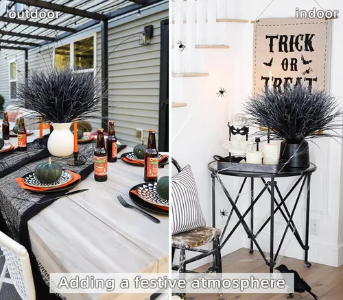 Vista 8 de Flores Artificiales de Plantas en Blanco y Negro para Halloween, Hierba de Cebolla Artificial Resistente a los Rayos UV, Arbustos de Plantas