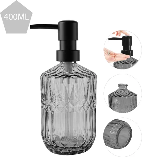 Vista 3 de Dispensador de jabón de vidrio negro de 14 onzas, diseño de diamante gris, botella líquida recargable para encimera, dispensador de loción
