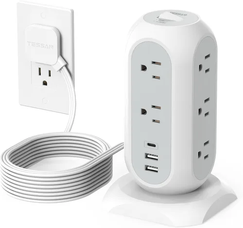 Vista 13 de Regleta con protector contra sobretensiones TESSAN, cable de extensión retráctil de 5 pies con múltiples tomas, 11 tomas con estación de carga de 3
