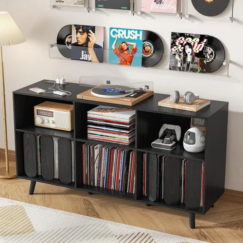 Vista 6 de Oubayajia Soporte Grande para Tocadiscos, Soporte de Almacenamiento de Discos de Vinilo, Mesa para Tocadiscos con Toma de Corriente, Soporte
