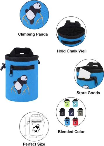 Vista 6 de AMC Bolsa de tiza bordada de panda escalada en roca con bolsillo con cremallera