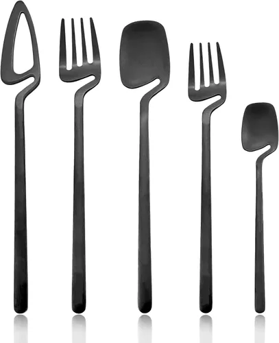 Vista 13 de Juego de cubiertos dorados mate, 20 piezas de cubiertos de acero inoxidable 304 colgantes para 4, juego de utensilios de cocina con acabado Oro