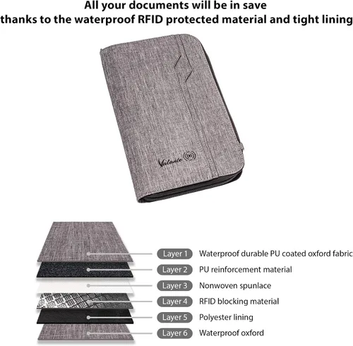 Vista 8 de Valante - Organizador de documentos de viaje familiar prémium con capacidad para pasaporte RFID, Gris, L, Cartera RFID