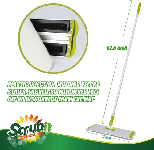 Vista 7 de SCRUBIT Trapeador de microfibra para todo tipo de suelos con 2 almohadillas lavables y reutilizables, altura ajustable, mango giratorio de 360