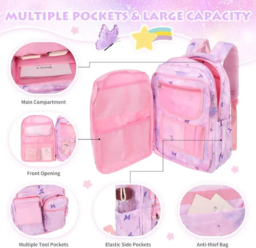 Vista 2 de Mochilas para niñas, escuela, lindas mochilas para niños, con lonchera aislada, juego para la escuela primaria, púrpura (Butterfly Purple), Urbano