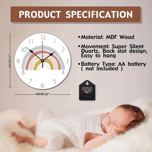 Vista 7 de ArogGeld Reloj de pared grande de madera para decoración de guardería, funciona con pilas, 12 pulgadas, silencioso, arco iris, bohemio, reloj