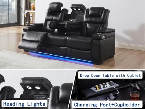 Vista 4 de THSUPER Sofá reclinable de cuero transpirable con luz LED de 7 colores, sillón reclinable para sala de estar con reposacabezas ajustable, luz