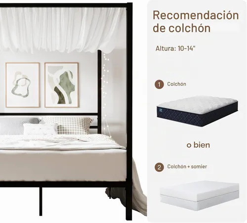 Vista 6 de ikalido - Marco de cama con dosel de metal de tamaño matrimonial, soporte resistente, color negro Modern Four-Poster Platform Bed, Under-Bed