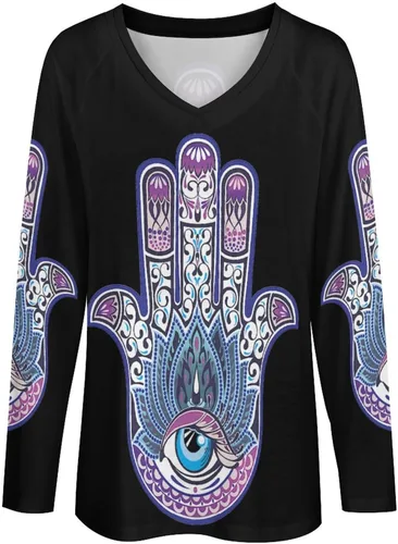 Vista 4 de Tribal Fátima Hand - Camisas de manga larga con cuello en V para mujer, blusas holgadas