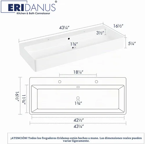 Vista 2 de Eridanus Lavabo de Baño Rectangular 43" x 16", Lavabo Vasija de Cerámica Vítrea de Dos Orificios, Montaje en Encimera y Pared, Lavabo Flotante
