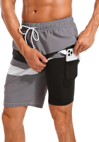 Vista 11 de Difficort - Traje de baño para hombre con forro de compresión, pantalones cortos de secado rápido con bolsillos con cremallera 1-a/ Rayas negras