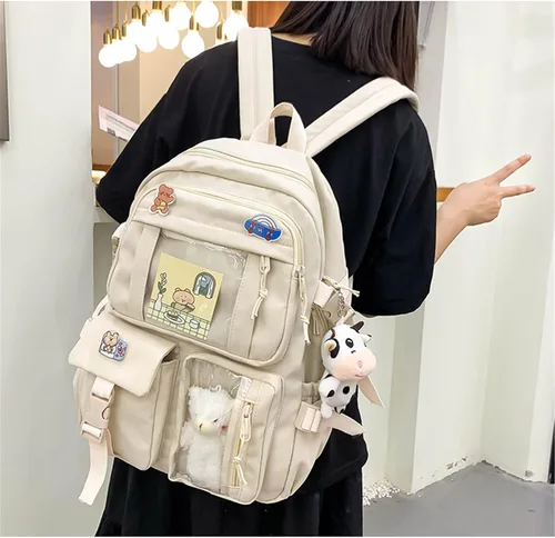 Vista 5 de Linda mochila con bonito oso de peluche y bonitos accesorios de alfiler estético de gran capacidad bonita bolsa de libros para niñas y adolescentes
