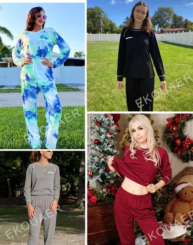 Vista 4 de Ekouaer Conjunto de pijama para mujer, suave, de manga larga, ropa de dormir de algodón, tallas S-XXL