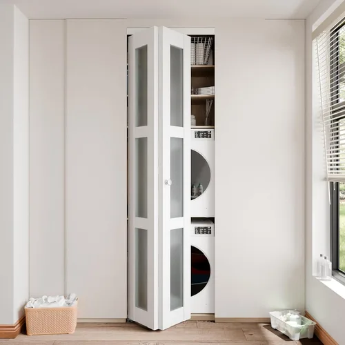 Vista 3 de BARNER HOME Puerta plegable, para abertura de 24"×80", panel plegable de puerta de 3 hojas de vidrio templado esmerilado con kit de herrajes