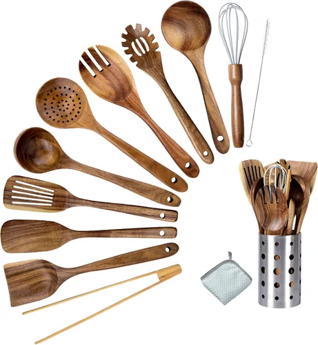 Vista 8 de Cuchara de madera de teca prémium para cocinar, juego de utensilios de cocina de madera antiadherentes de 10 piezas, cucharas de madera resistentes