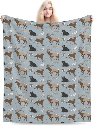 Vista 5 de Manta de franela con patrón de ciervo y oso, 50x40 pulgadas, unisex para adultos y niños, para todas las estaciones, estilo Art Deco
