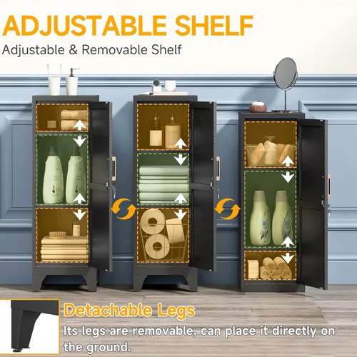 Vista 5 de Armario de metal negro de 46 pulgadas de alto con 1 puerta con cerradura y 2 estantes ajustables para empleados, armario de almacenamiento pequeño
