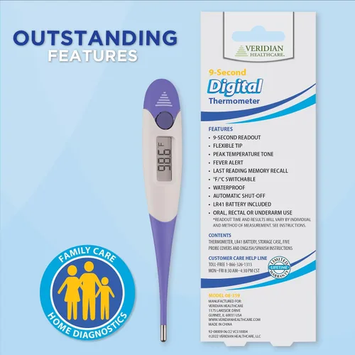 Vista 3 de Veridian Healthcare Termómetro digital Lectura de 9 segundos Fahrenheit y Celsius Punta flexible Oral, Rectal & Underarm Use, Fever Alert at