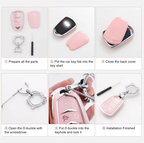Vista 6 de Pangpai Funda para llavero rosa para Jeep, funda de protección de TPU suave con llavero brillante compatible con Jeep Grand Cherokee Renegade