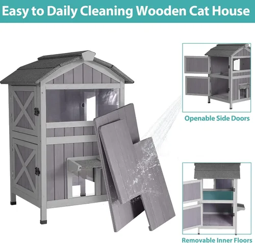 Vista 4 de Suumerpety Casa aislada para gatos al aire libre, refugio de madera resistente a la intemperie para gatos con forro, recintos para gatitos, casa