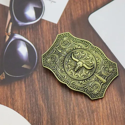 Vista 3 de RechicGu Hebilla de cinturón ovalada de calavera de toro de cuerno largo, cuentas de madera turquesa nativa americana, hebillas de vaquero