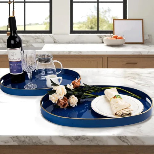 Vista 5 de MAONAME - Bandejas de servir azules con asas, bandeja decorativa ovalada para mesa de café, juego de bandejas anidadas de 2, bandeja de tocador