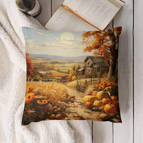 Vista 4 de Fundas de almohada decorativas cuadradas de terciopelo con diseño de paisaje, campo, otoño, otoño, 12 x 12 pulgadas, para Acción de Gracias