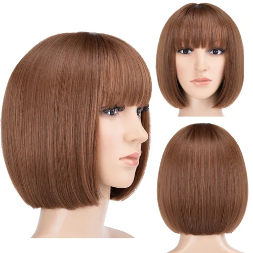 Vista 19 de Pelucas Bob con flequillo, peluca de cabello castaño rojizo de 10 Caoba