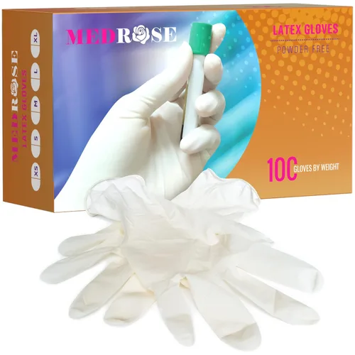 Vista 2 de Guantes de látex MedRose pequeños - 100 guantes de goma - Guantes desechables sin polvo, impermeables, blancos