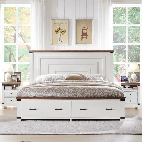 Vista 10 de Marco de cama de madera tamaño Queen de 54 pulgadas de alto con cabecero, cepillo antiguo color blanco Cepillo antiguo blanco