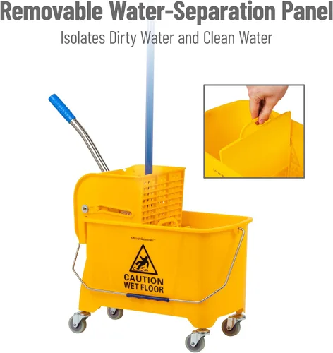 Vista 8 de Mind Reader Cubo para trapeador con escurridor, 22 cuartos (5.5 galones), limpieza de pisos, mango, ruedas, 16.25"L x 10.75"W x 24.5"H, amarillo